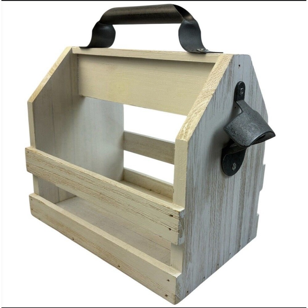 Wooden Rustic White Bottle Beer Carrier Caddy with Metal Opener & Handle 6 Pack
